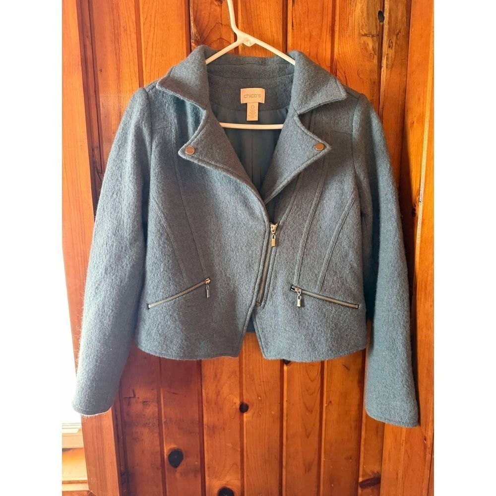 Chico's Moto Jacket Wool Blend Asymmetrical Zip Front Blue Size‎ 0